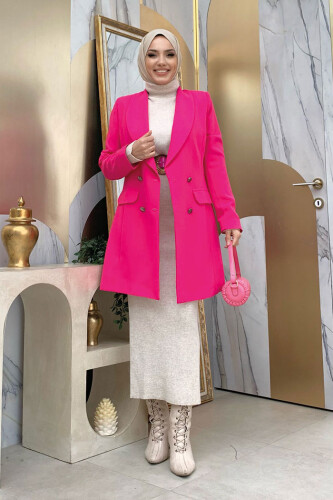 Gefütterte Jacke mit Taschenoptik vorne und Knopfdetail 7660 Fuchsia - 5