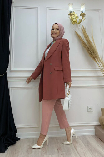 Pocket Look Front Button Detail Lined Jacket 7660 Dried Rose - 6