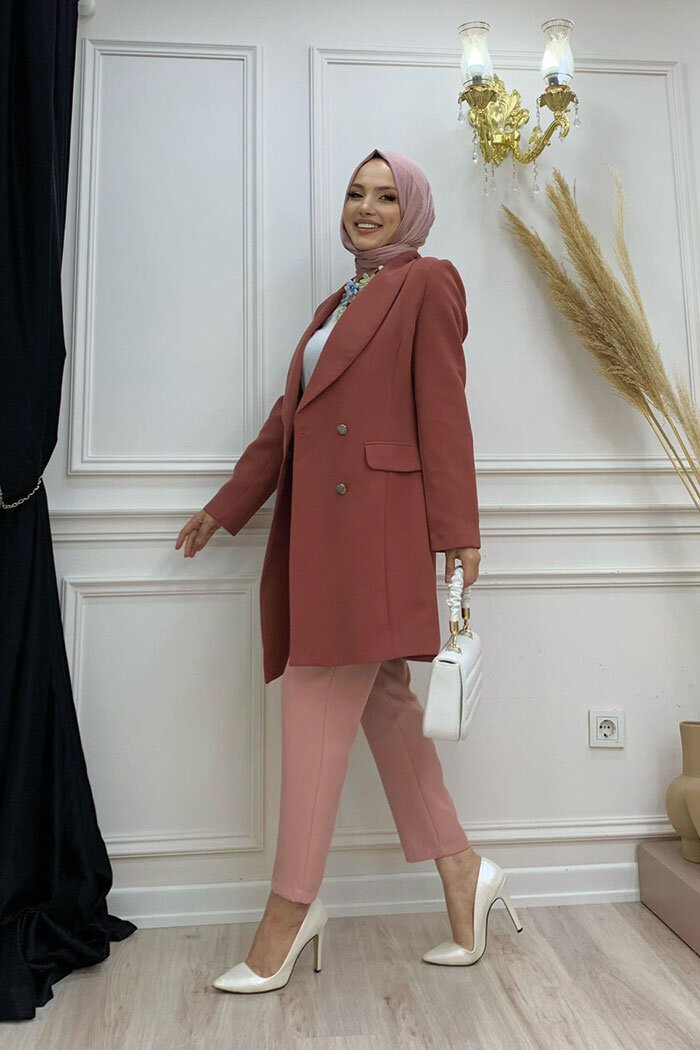 Pocket Look Front Button Detail Lined Jacket 7660 Dried Rose - 6