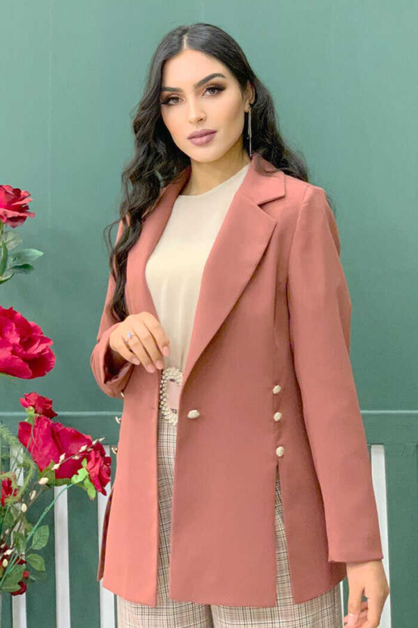 Buttoned Side Slit Detail Lined Jacket 7663 Dried Rose - 2