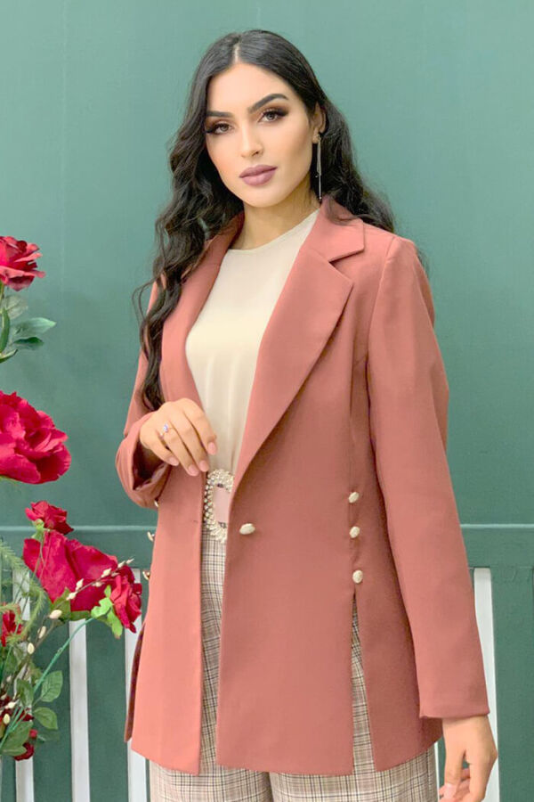 Buttoned Side Slit Detail Lined Jacket 7663 Dried Rose - 4