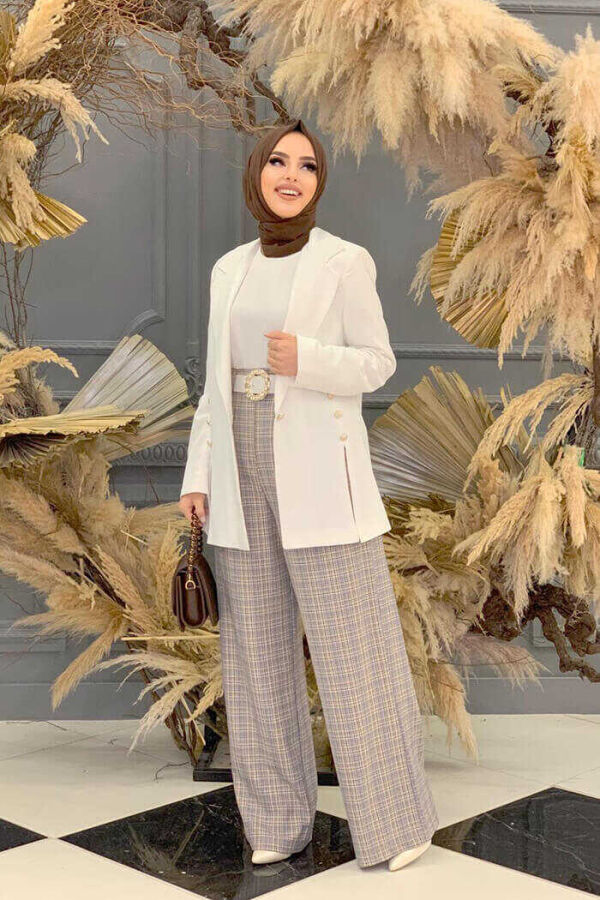 Side Buttons Slit Detail Lined Jacket 7663 Ecru - 1