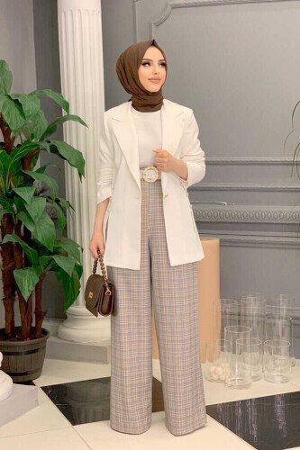 Side Buttons Slit Detail Lined Jacket 7663 Ecru - 2