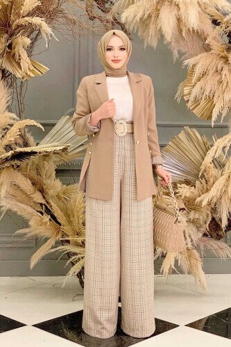 Side Buttons Slit Detail Lined Jacket 7663 Mink 