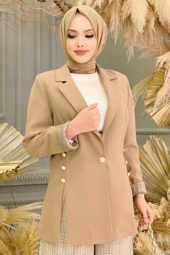 Side Buttons Slit Detail Lined Jacket 7663 Mink - 2