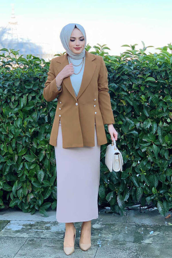 Side Buttons Slit Detail Lined Jacket 7663 Glazed - 1