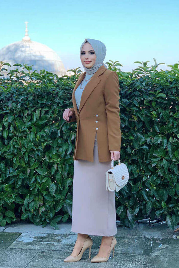 Side Buttons Slit Detail Lined Jacket 7663 Glazed - 2