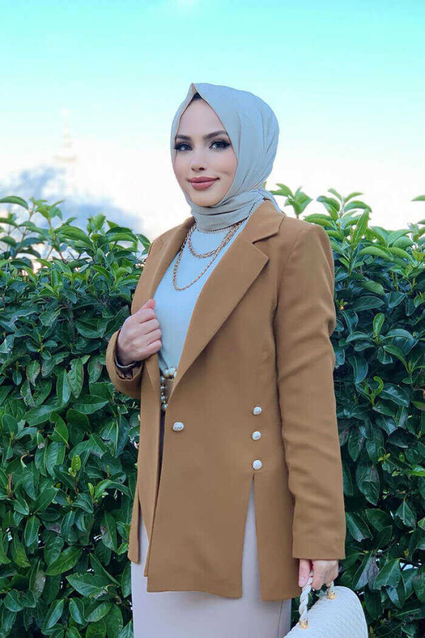 Side Buttons Slit Detail Lined Jacket 7663 Glazed - 3