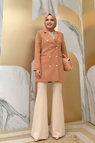 Button Look Lined Jacket 7665 Salmon - 5