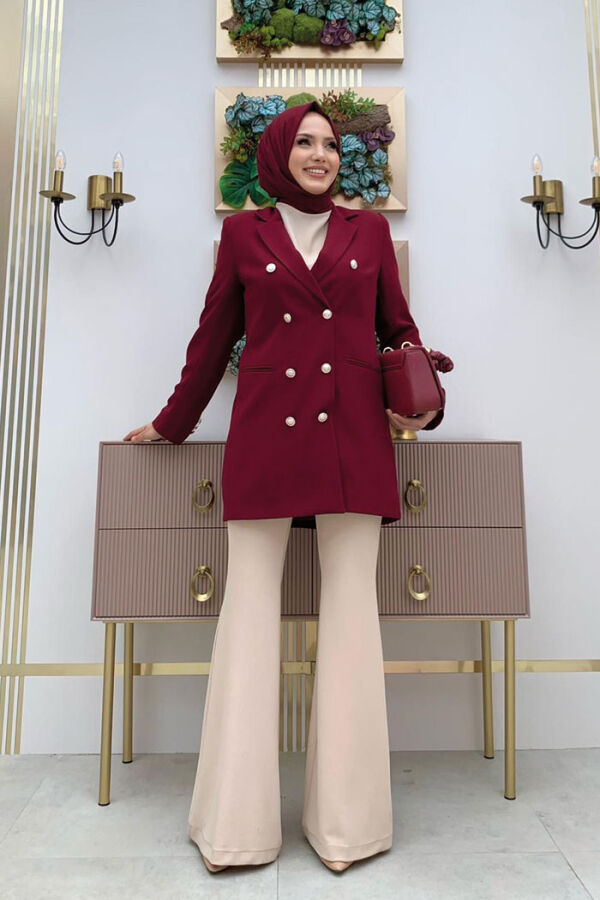 Button Look Lined Jacket 7665 Claret Red - 5