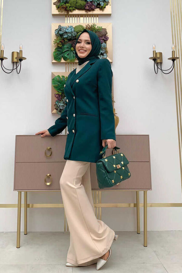 Button Look Lined Jacket 7665 Emerald - 2