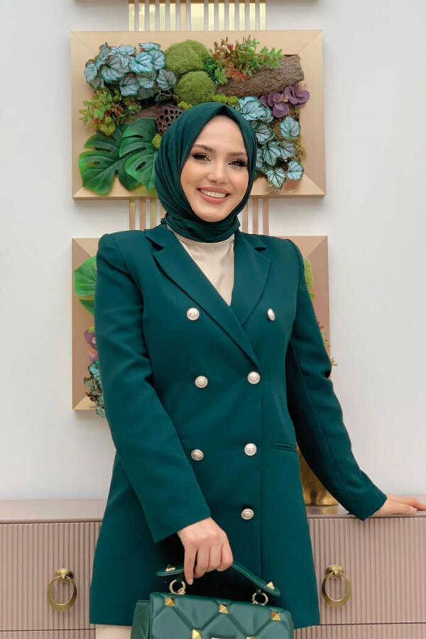 Button Look Lined Jacket 7665 Emerald - 4