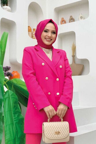 Button Look Lined Jacket 7665 Fuchsia - 4