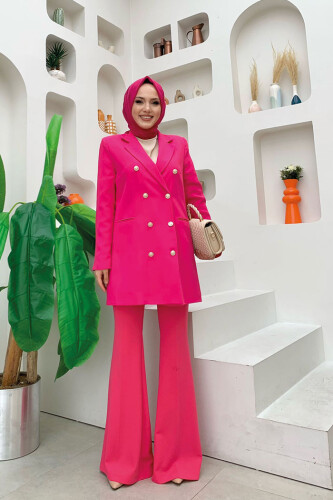 Button Look Lined Jacket 7665 Fuchsia - 5