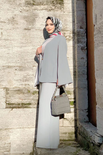 Pelerin Kol Görünümlü Düz Astarlı Ceket 7666 Gri - 4