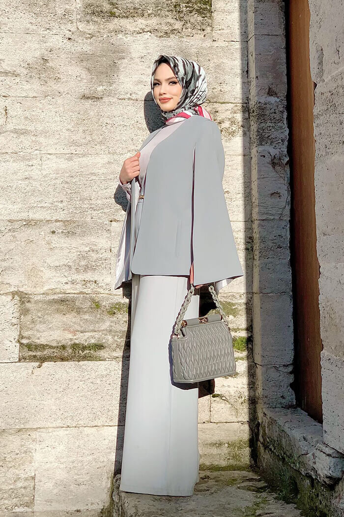 Pelerin Kol Görünümlü Düz Astarlı Ceket 7666 Gri - 4