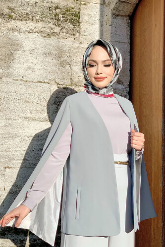 Pelerin Kol Görünümlü Düz Astarlı Ceket 7666 Gri - 6