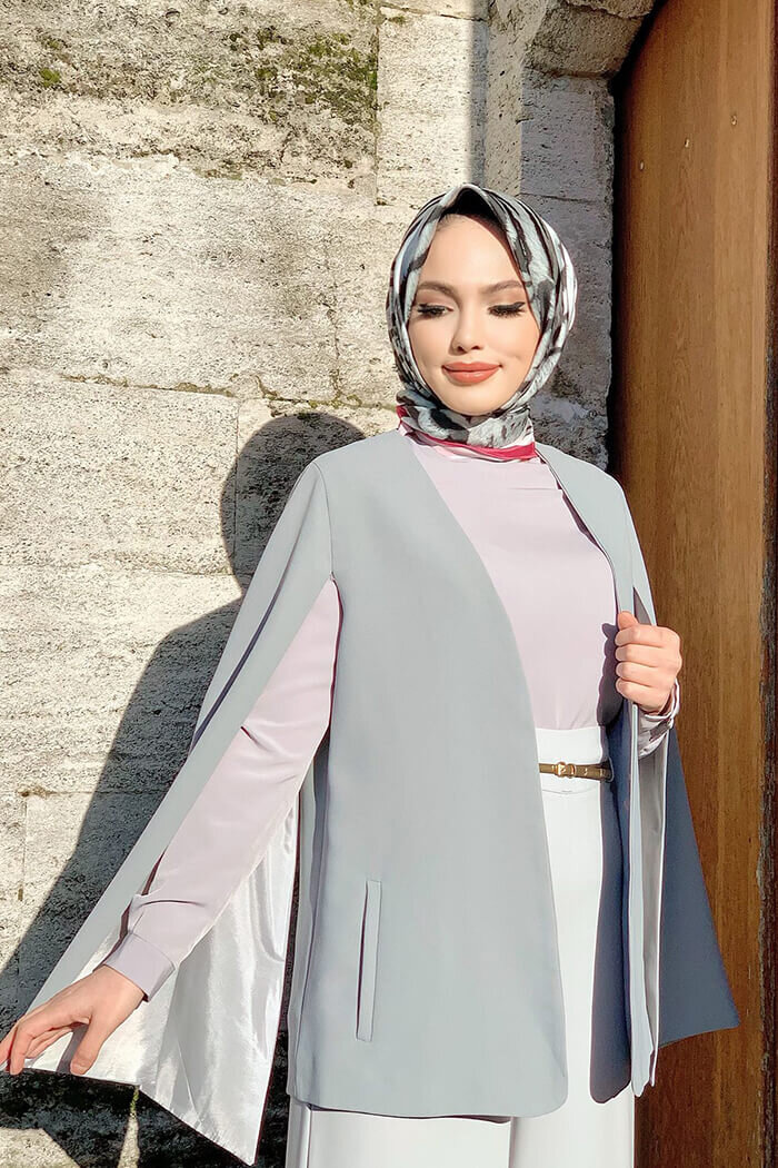 Pelerin Kol Görünümlü Düz Astarlı Ceket 7666 Gri - 6