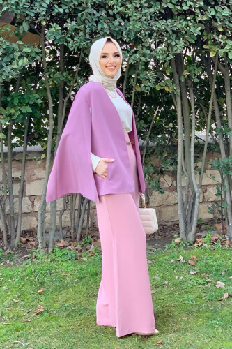 Pelerin Kol Görünümlü Düz Astarlı Ceket 7666 Gül Kurusu - 4