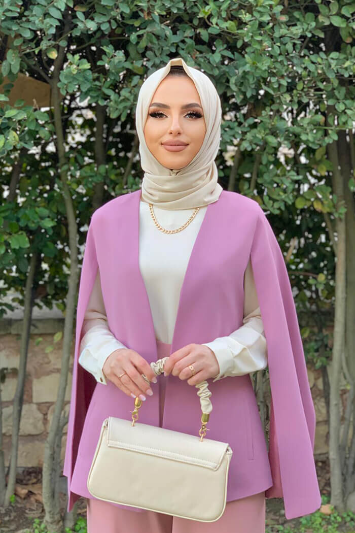 Pelerin Kol Görünümlü Düz Astarlı Ceket 7666 Gül Kurusu - 6