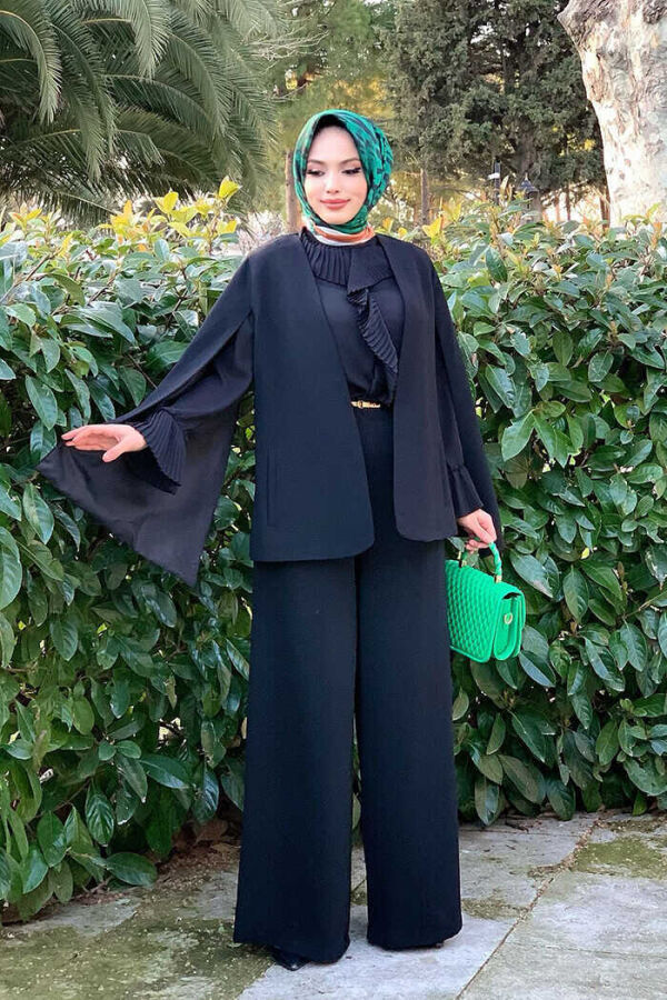 Cape Sleeve Look Straight Lined Jacket 7666 Black - 1