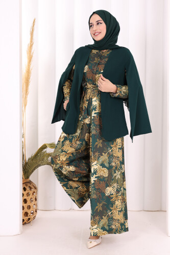 Cape Sleeve Look Straight Lined Jacket 7666 Emerald - 3
