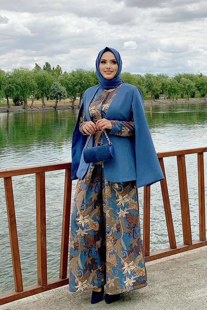 Cape Sleeve Look Straight Lined Jacket 7666 Indigo - 2
