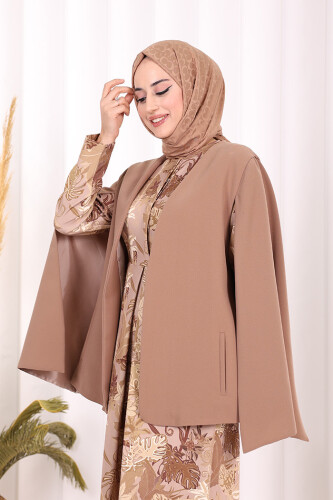 Cape Sleeve Look Straight Lined Jacket 7666 Mink - 5