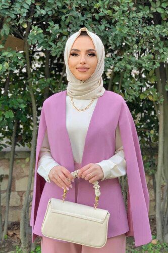 Cape Sleeve Look Straight Lined Jacket 7666 Dried Rose - 3