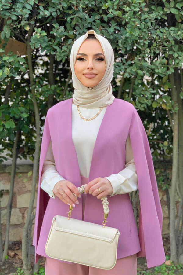 Cape Sleeve Look Straight Lined Jacket 7666 Dried Rose - 3