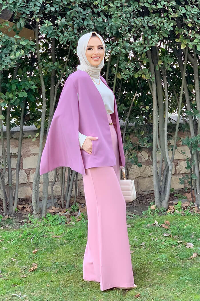 Cape Sleeve Look Straight Lined Jacket 7666 Dried Rose - 3