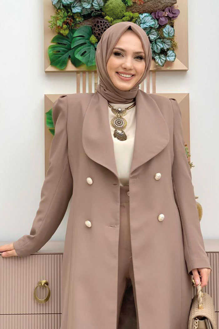 Yaka Detay On Du meli Yar m Boy Ceket 7693 Vizon BymFashion
