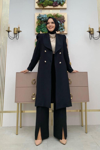 سترة نصف طول مزينة بياقة وأزرار أمامية 7693 أسود - 5