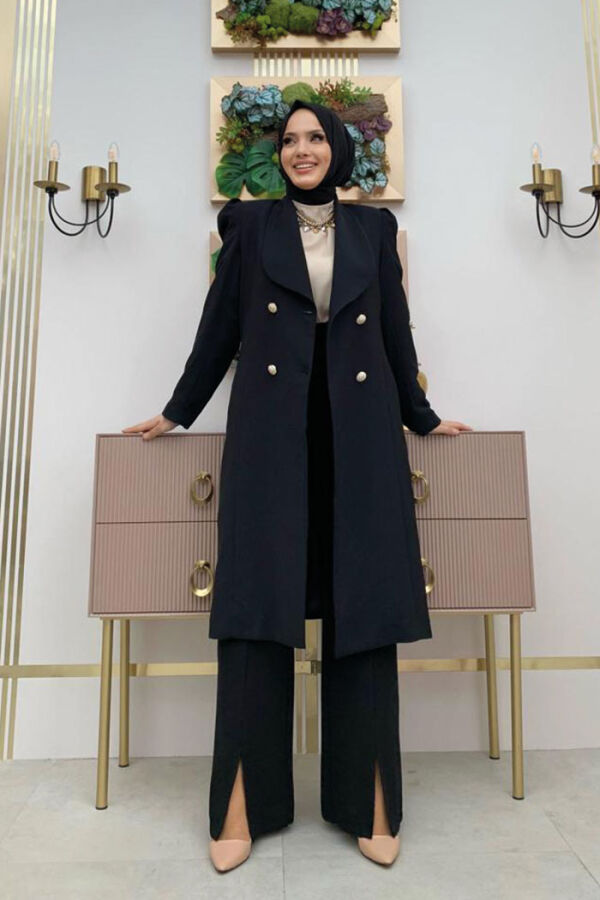 سترة نصف طول مزينة بياقة وأزرار أمامية 7693 أسود - 5