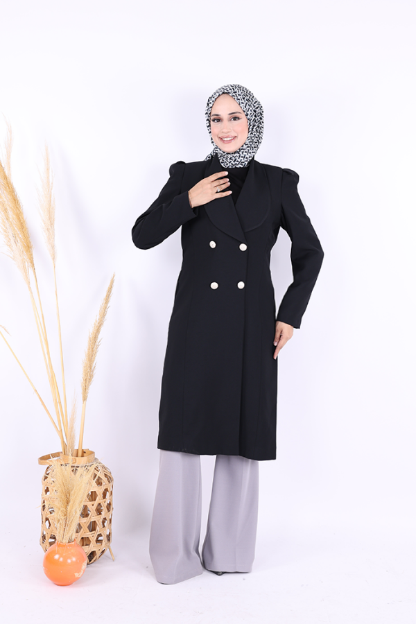 Collar Detail Front Buttoned Half Length Jacket 7693 Black - 1