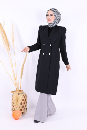 Collar Detail Front Buttoned Half Length Jacket 7693 Black - 2