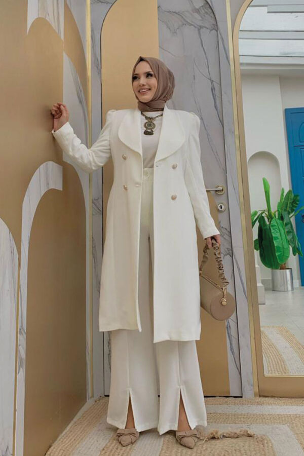 Halblange Jacke mit Kragendetail und Knopf vorne, 7693 Ecru - 6