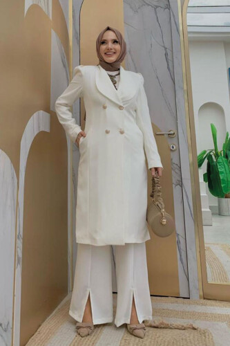 Collar Detail Front Button Half Length Jacket 7693 Ecru - 5