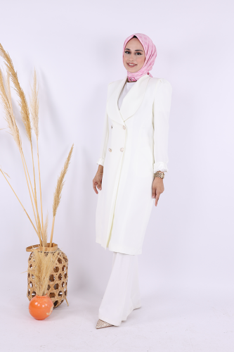 Collar Detail Front Button Half Length Jacket 7693 Ecru - 2