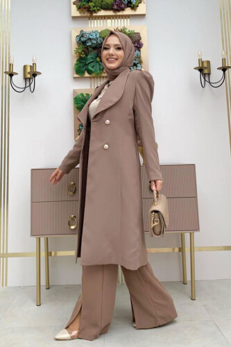 Collar Detail Front Buttoned Half Length Jacket 7693 Mink - 6