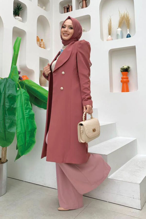 Collar Detail Front Buttoned Half Length Jacket 7693 Dried Rose - 7