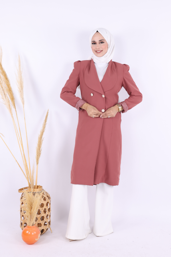 Collar Detail Front Buttoned Half Length Jacket 7693 Dried Rose - 1