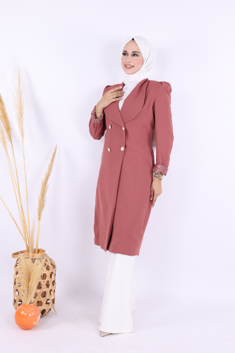Collar Detail Front Buttoned Half Length Jacket 7693 Dried Rose - 2