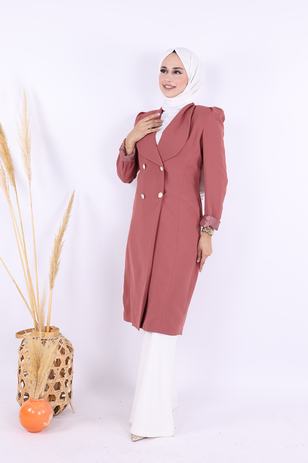 Collar Detail Front Buttoned Half Length Jacket 7693 Dried Rose - 2