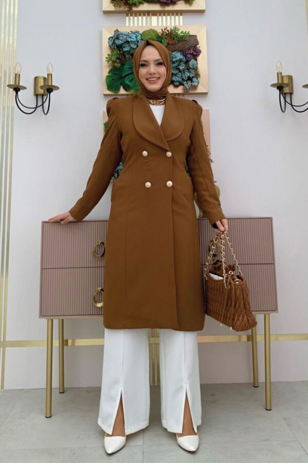 Collar Detail Front Buttoned Half Length Jacket 7693 Tan - 5