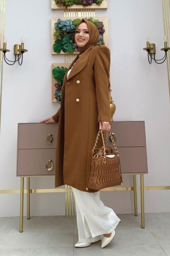 Collar Detail Front Buttoned Half Length Jacket 7693 Tan - 6