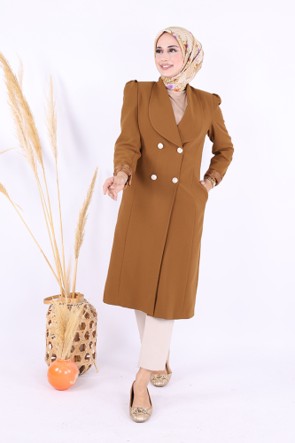 Collar Detail Front Buttoned Half Length Jacket 7693 Tan - 2