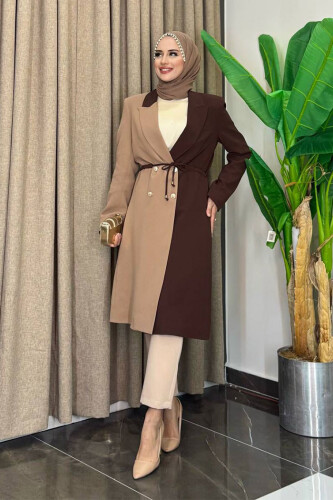 Two Color Buttoned Waist Tie Half Length Jacket 7803 Mink 