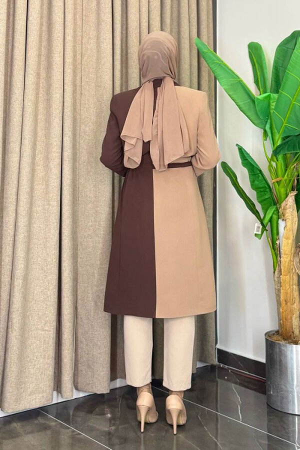 Two Color Buttoned Waist Tie Half Length Jacket 7803 Mink - 2