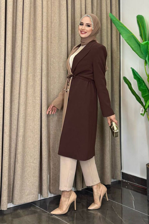 Two Color Buttoned Waist Tie Half Length Jacket 7803 Mink - 3